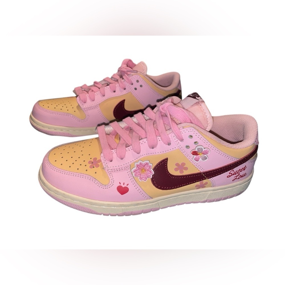 CUSTOM NIKE Pink and Yellow Floral 'Sweet Love' Dunk Low Sneakers - Picture 2 of 5